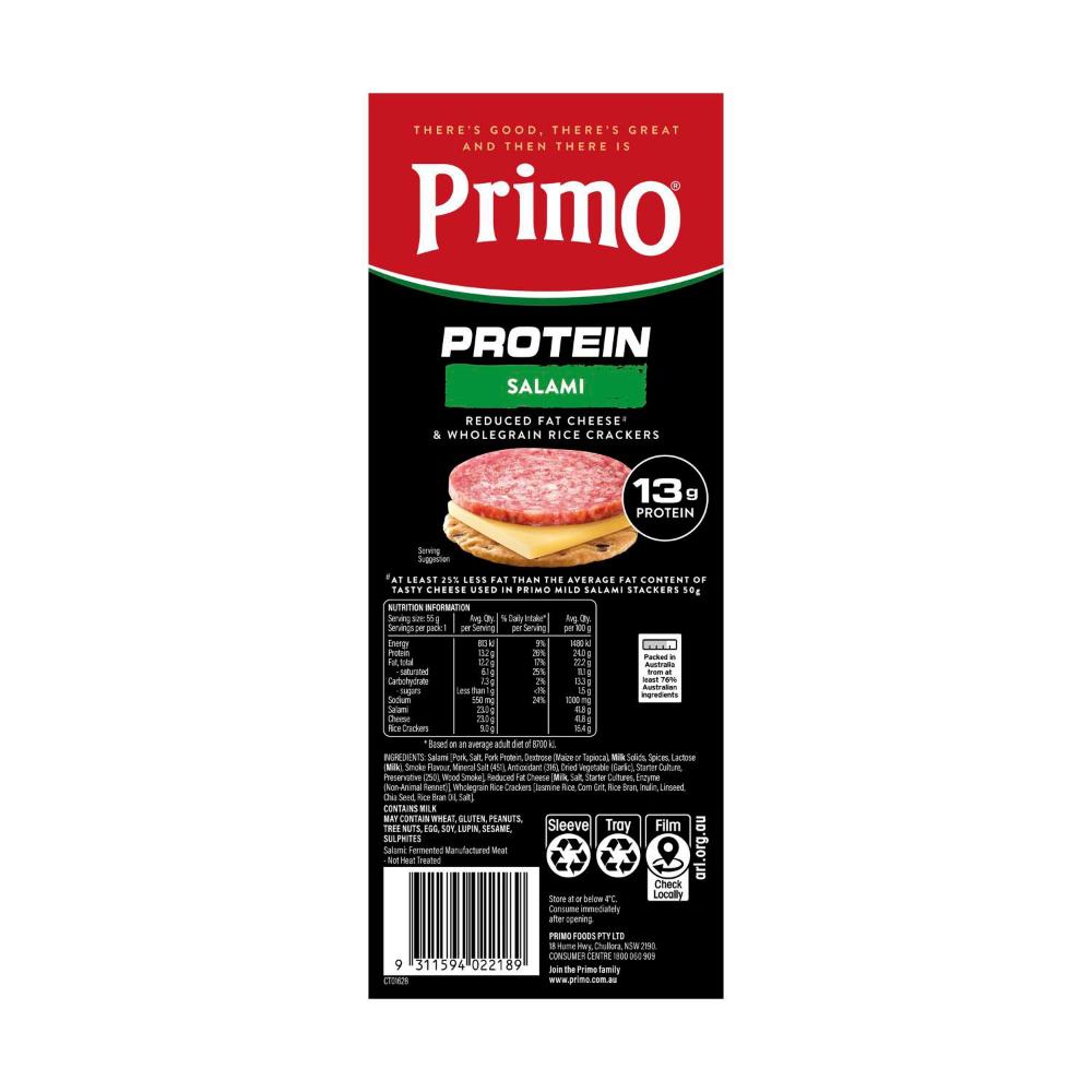 Primo Protein Stackers Salami Reduced Fat Cheese & Whole Grain Rice Crackers | 55g