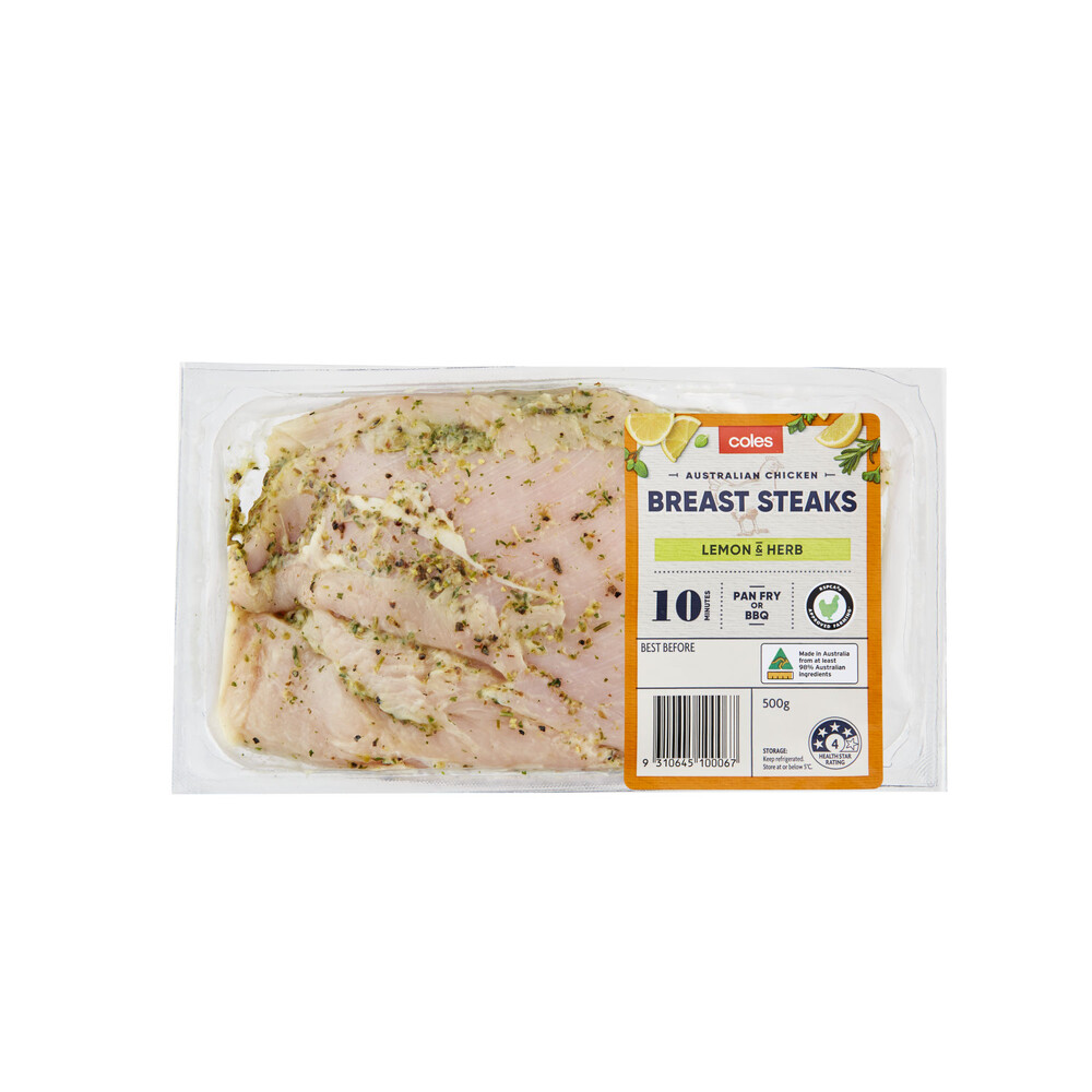 Buy Coles RSPCA Approved Chicken Breast Steaks Lemon & Herb 500g Coles