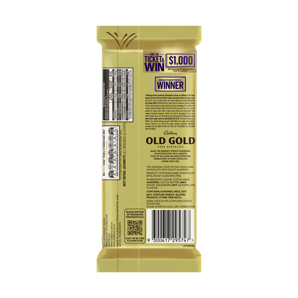 Cadbury Old Gold Roast Almond Dark Chocolate Block | 180g