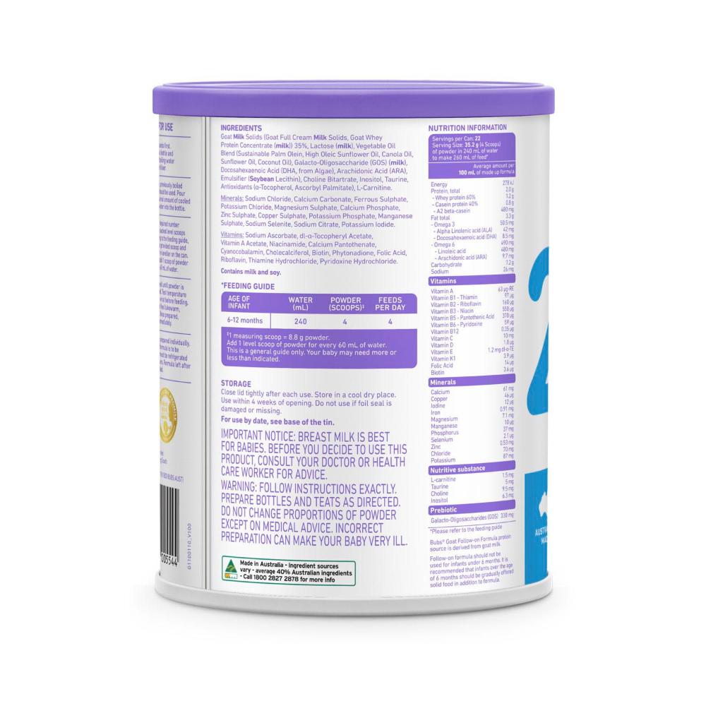Buy Bubs Goat Milk Follow-on Formula Stage 2 800g | Coles