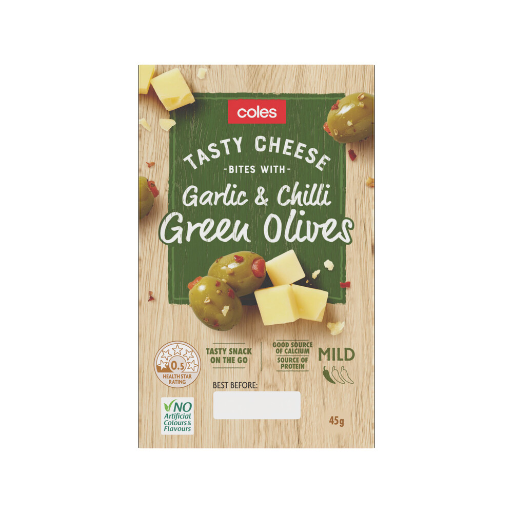 Buy Coles Tasty Cheese Bites And Garlic Chilli Green Olives 45g Coles