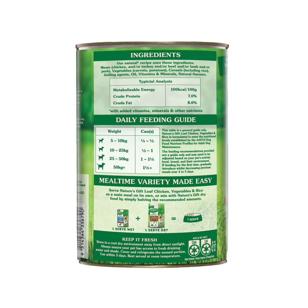 Nature's Gift Adult All Breeds Wet Dog Food Loaf Chicken Rice & Vegetables | 1.2kg