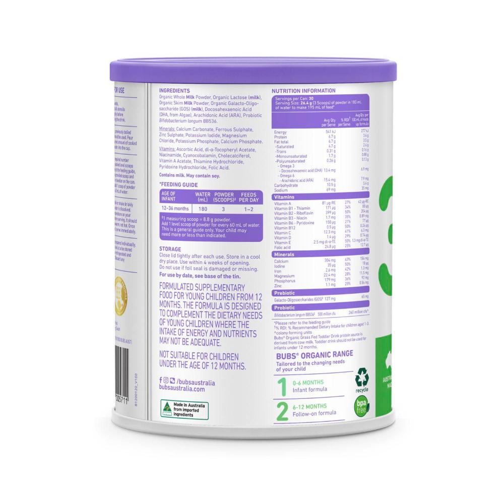 Buy Bubs Organic Grass Fed Formula Stage 3 Toddler 800g | Coles