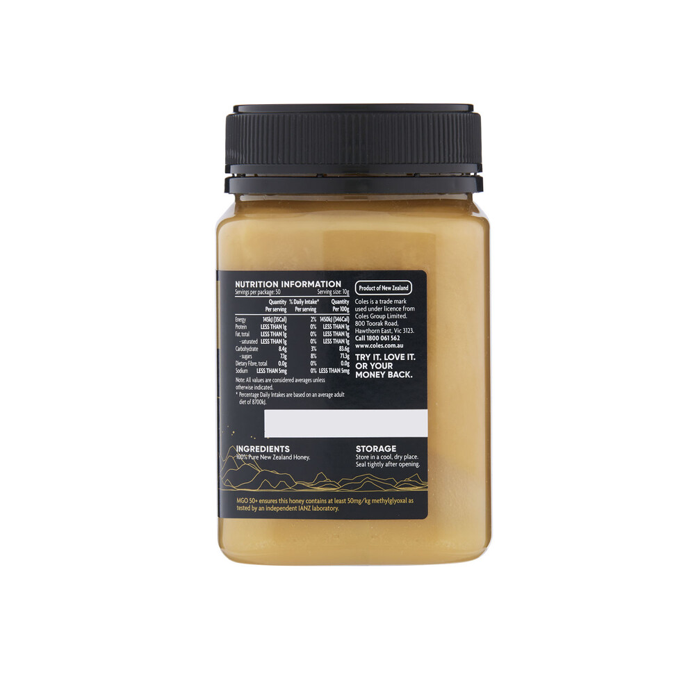 coles マヌカハニー　50MGO➕　2本 Buy Coles Manuka MGO 50+ Multifloral Honey 500g | Coles