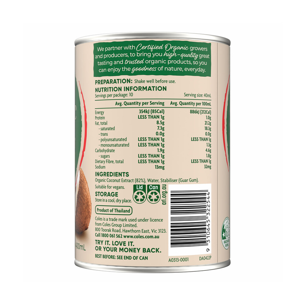 Coles Organic Coconut Cream | 400mL
