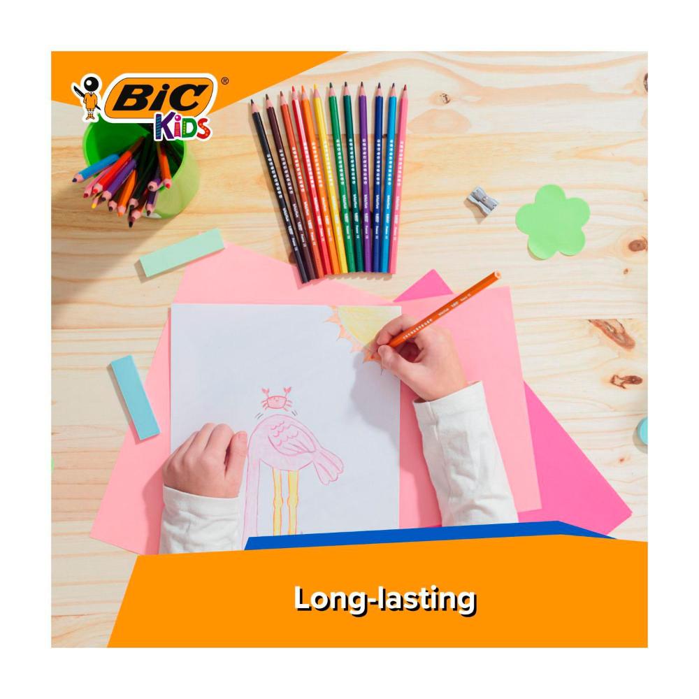 BIC Kids Evolution Illusion – Lot De 24 Crayons De Couleur Effaçables, Mine 2,8mm Ultra-résistante, Gomme Intégrée, Corps Rond Assorti – Parfait Pour Les Petits Artistes