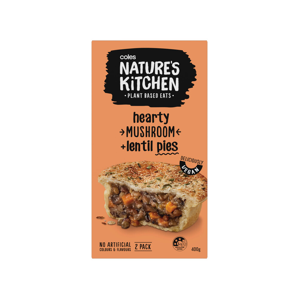 Coles Natures Kitchen Hearty Mushroom & Lentil Pies 2 pack | 400g