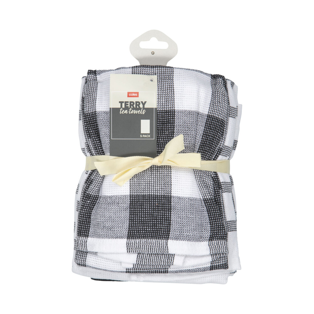 Buy Coles Terry Tea Towels Grey 5 pack Coles