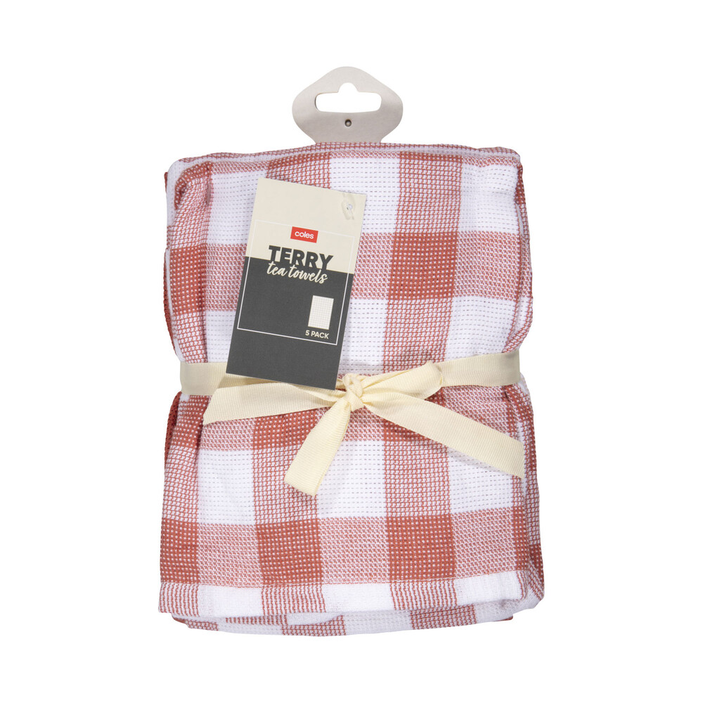 Buy Coles Terry Tea Towels Pink 5 pack Coles