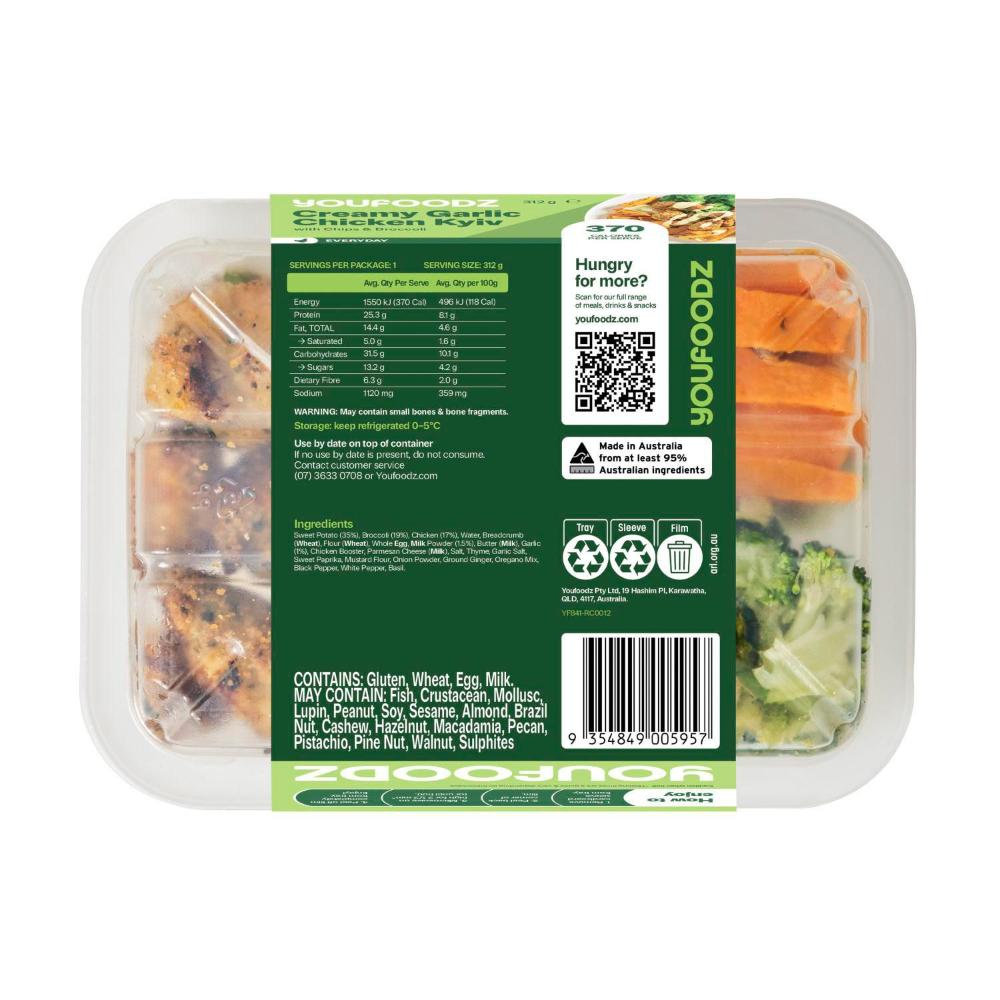 Youfoodz Creamy Garlic Chicken Kyiv With Chips & Broccoli | 312g