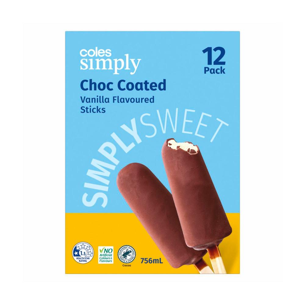 Coles Simply Choc Coated Vanilla Flavoured Sticks 12 Pack | 756mL