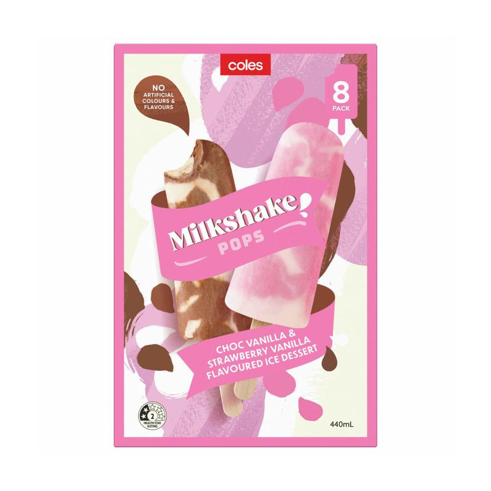 Buy Coles Strawberry & Chocolate Milkshake Pops 8 Pack 440mL | Coles